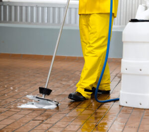 Worker using foam attachment to clean floor drain